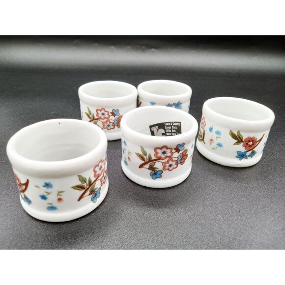 Set of 5 Town and Country Linen Corp Porcelain Floral Napkin Rings Fifth Ave. NY - Picture 2 of 12